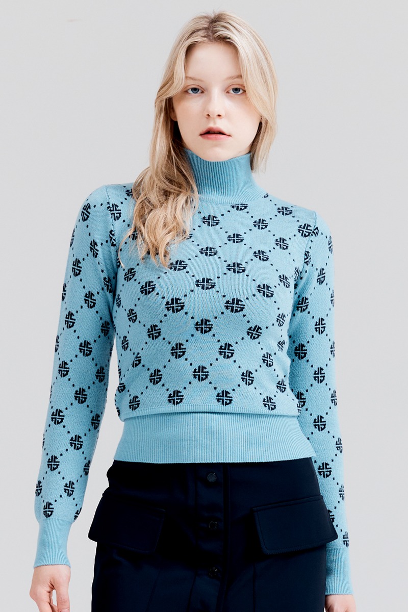여성용 모노그램 하이넥 니트 스웨터 블루