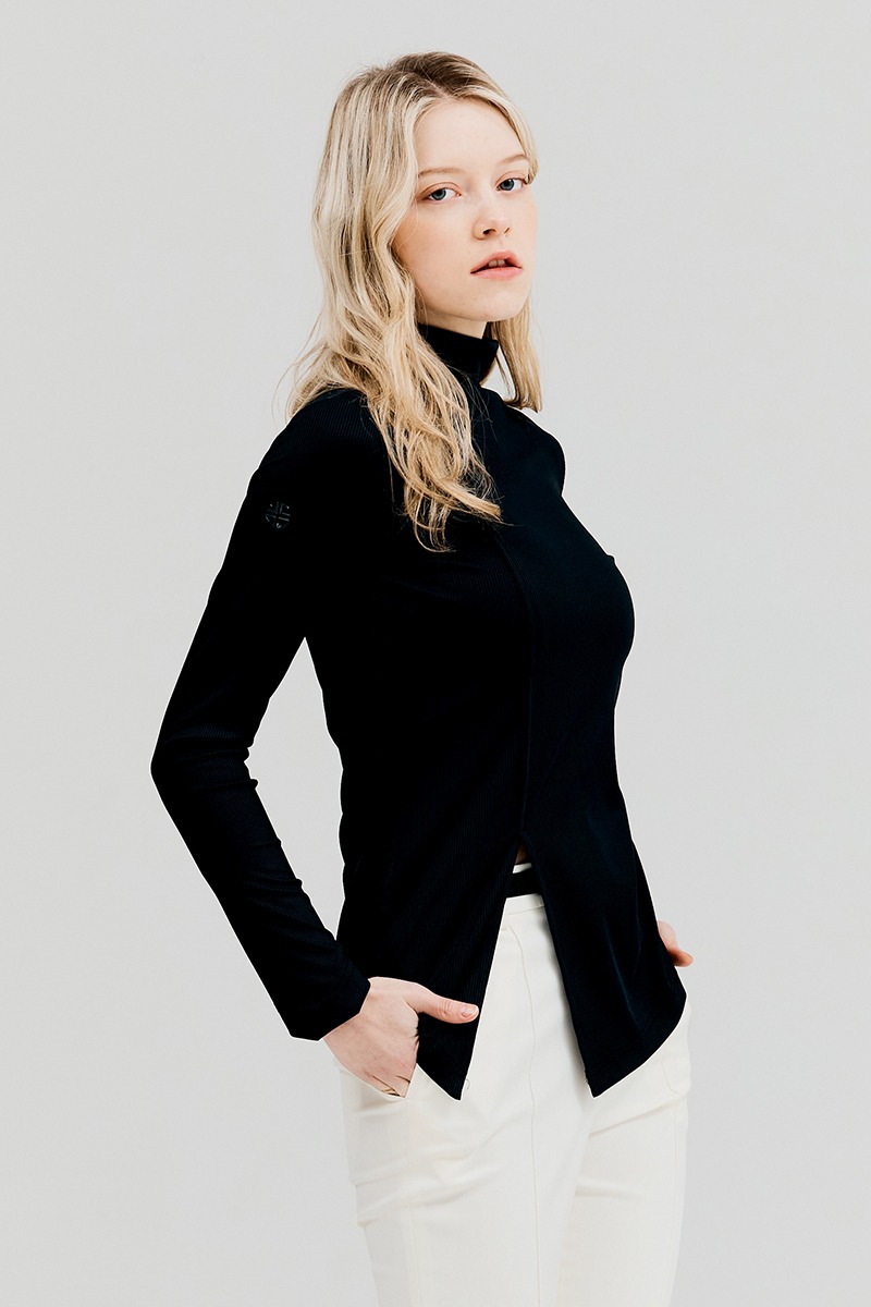 여성용 사선절개 하이넥 티셔츠 블랙