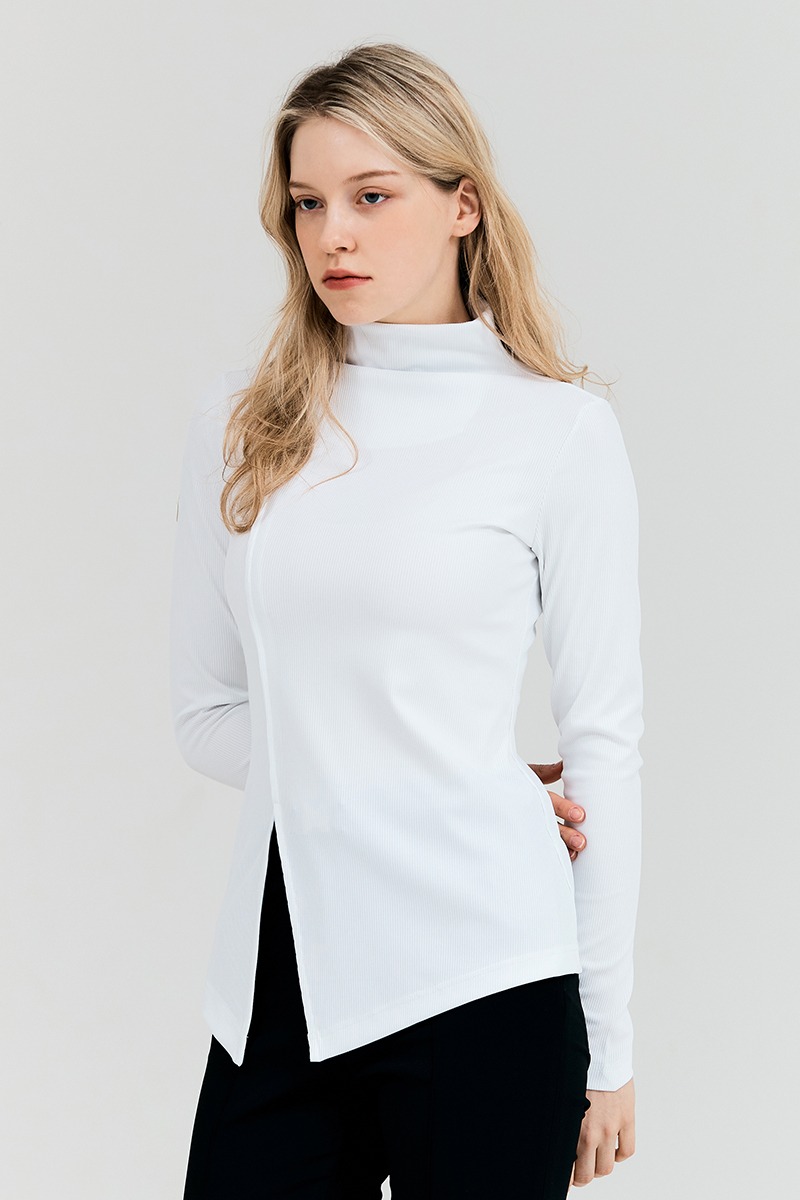 여성용 사선절개 하이넥 티셔츠 화이트